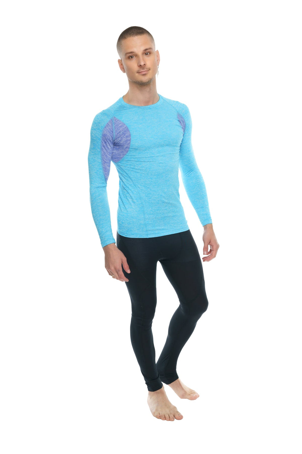 Light blue long-sleeved designer raglan crew-neck tee with purple leaf-patterned shoulder panels coral shelf lavender accent