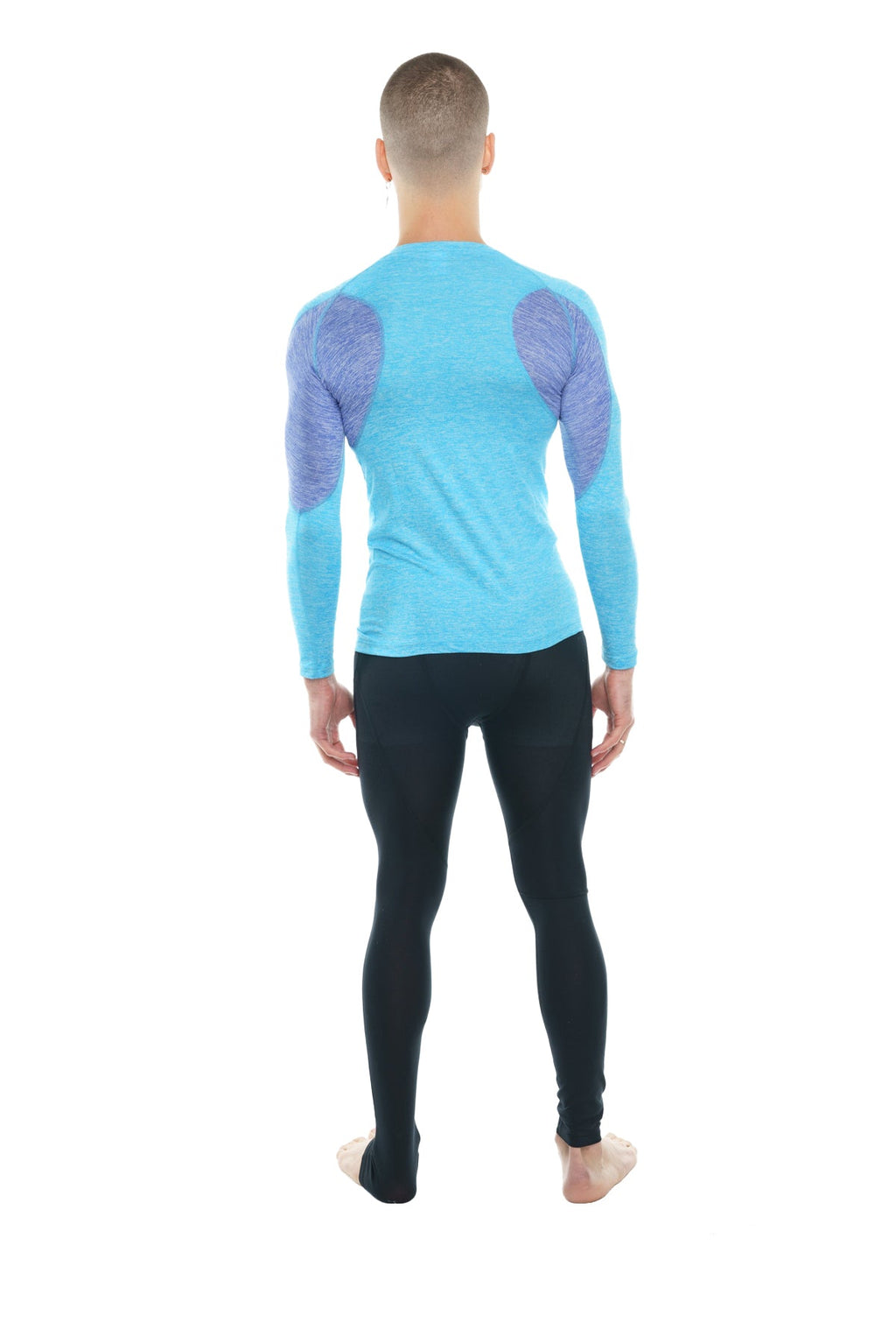 Light blue long-sleeved designer raglan crew-neck tee with purple textured shoulder panels for athletic wear