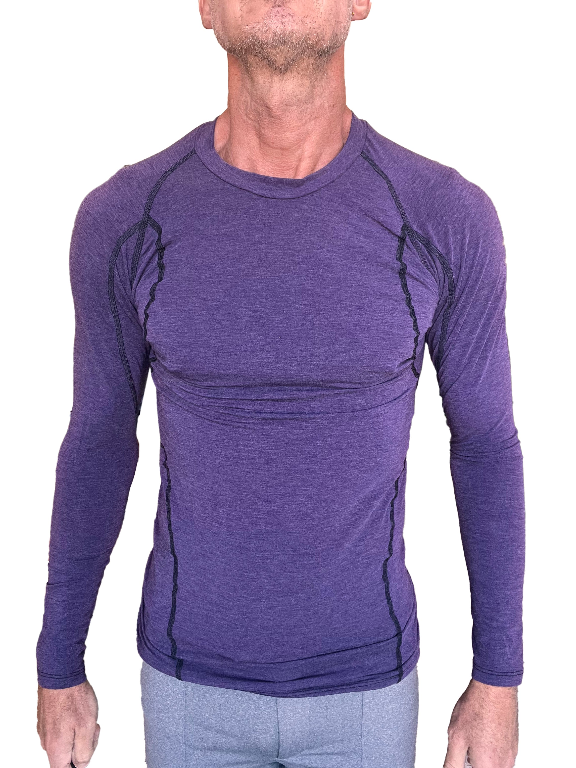 Purple long-sleeved designer raglan crew-neck tee with black seam detailing for athletic wear