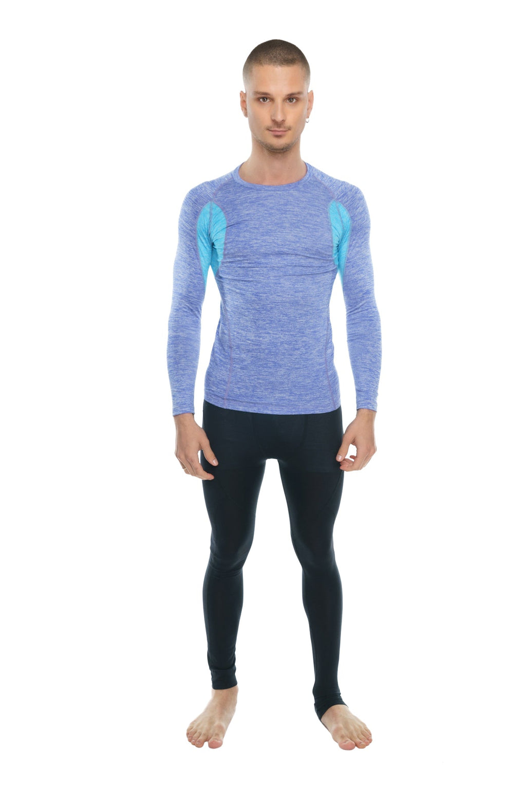 Blue and teal long-sleeved performance top with heathered texture designed as a designer raglan crew-neck tee
