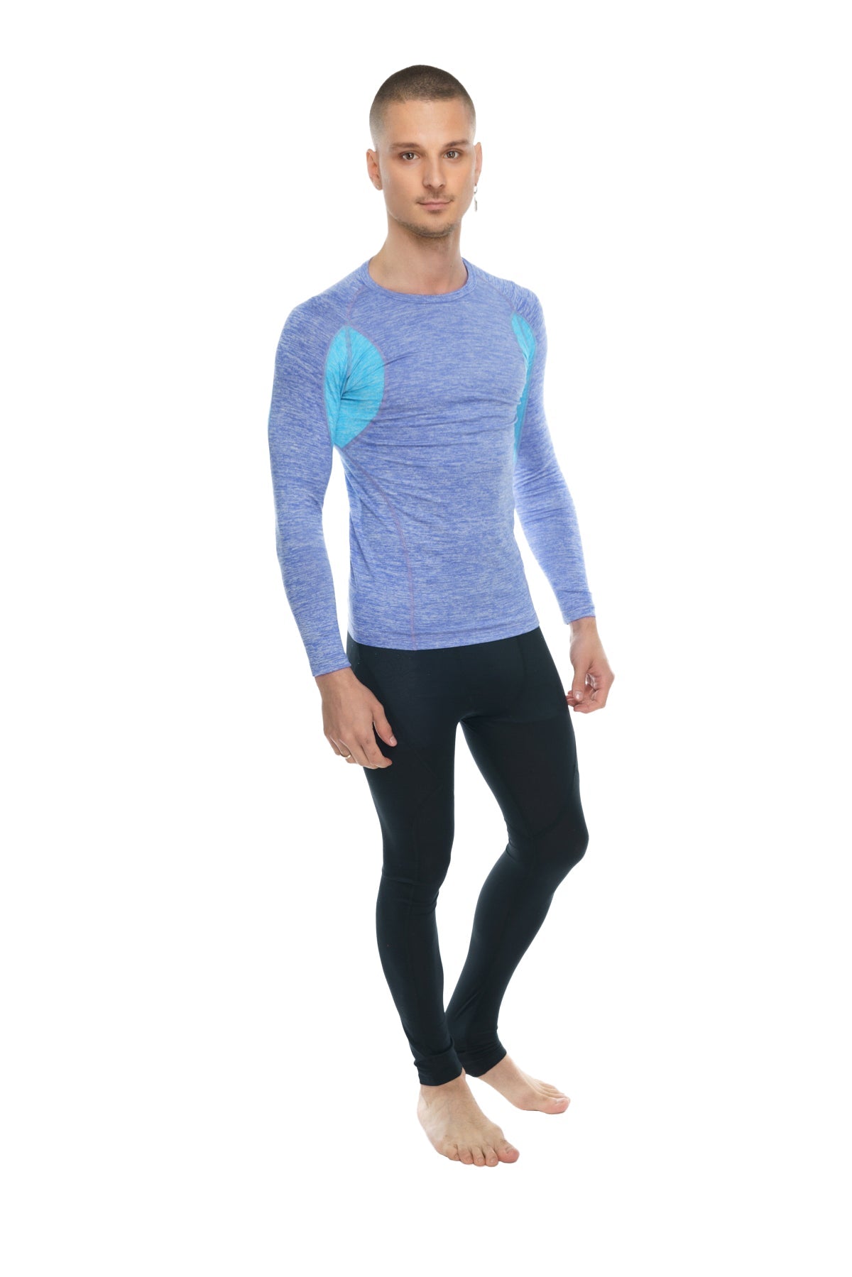 Designer raglan crew-neck long sleeve tee in blue and teal with textured fabric and coral accent