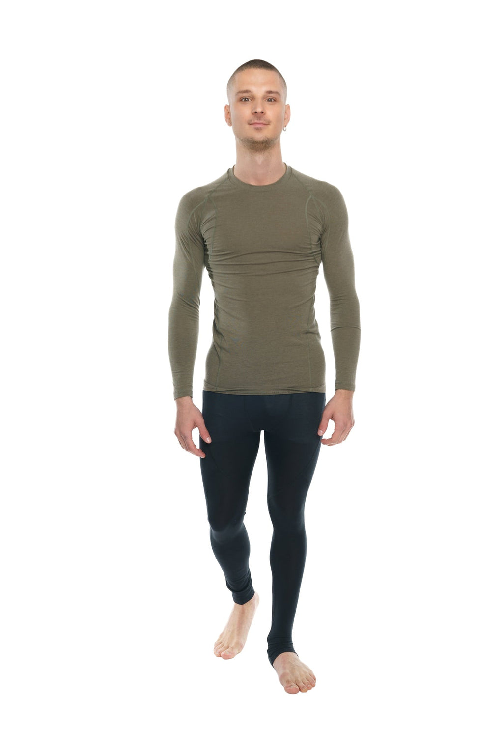 Olive green long-sleeved compression raglan crew-neck tee designed for athletic performance and comfort