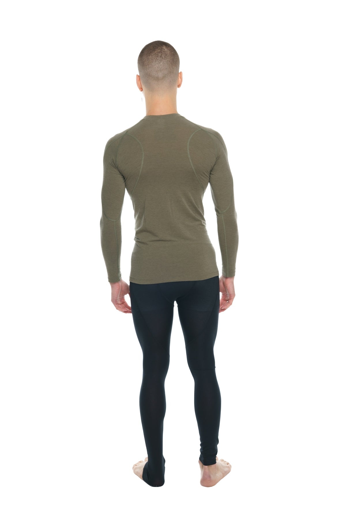 Olive green long-sleeved designer raglan crew-neck performance top with fitted seamless design