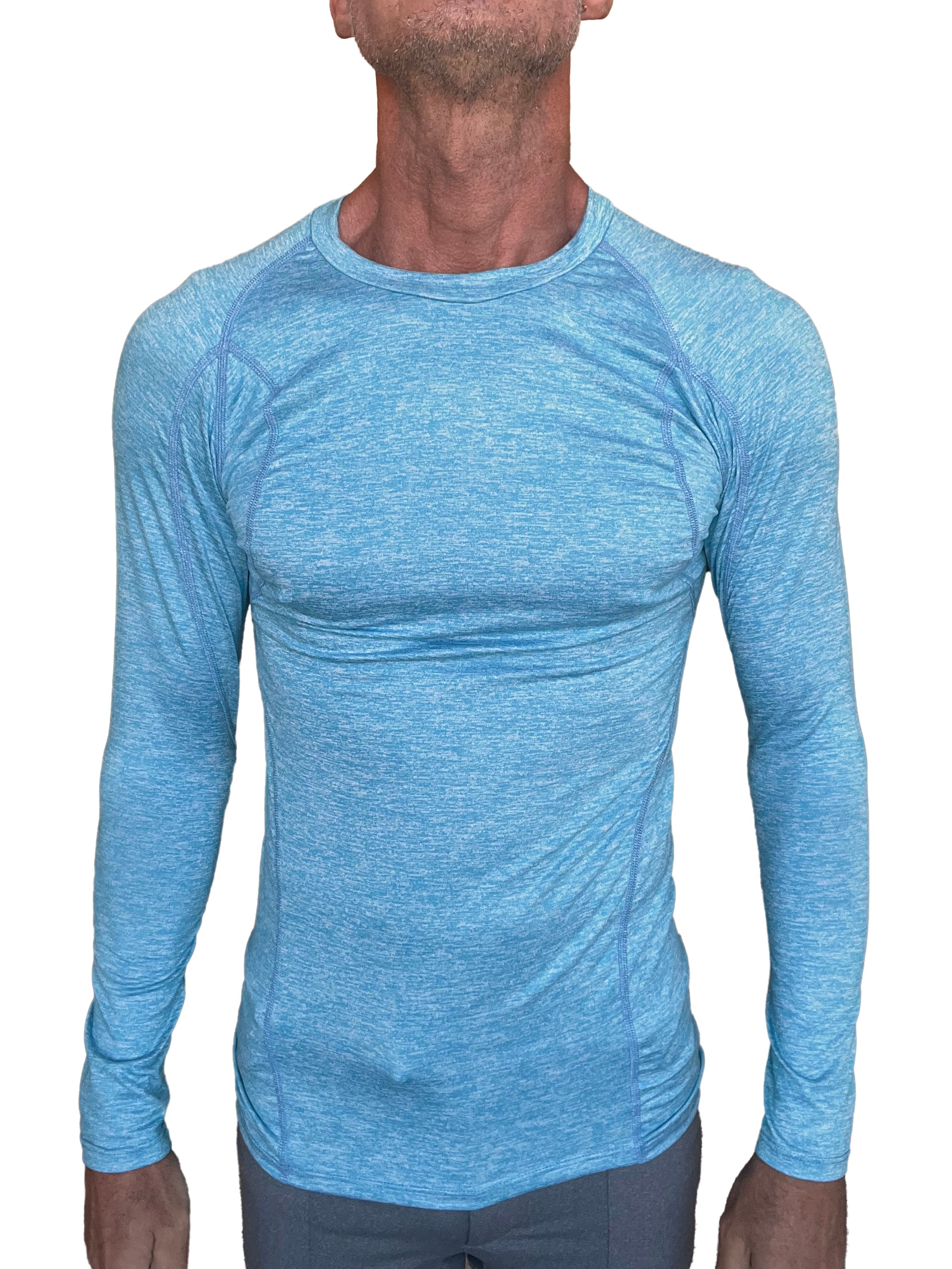 Designer raglan crew-neck long sleeve tee in light blue heathered fabric with raglan sleeves and a crew neck