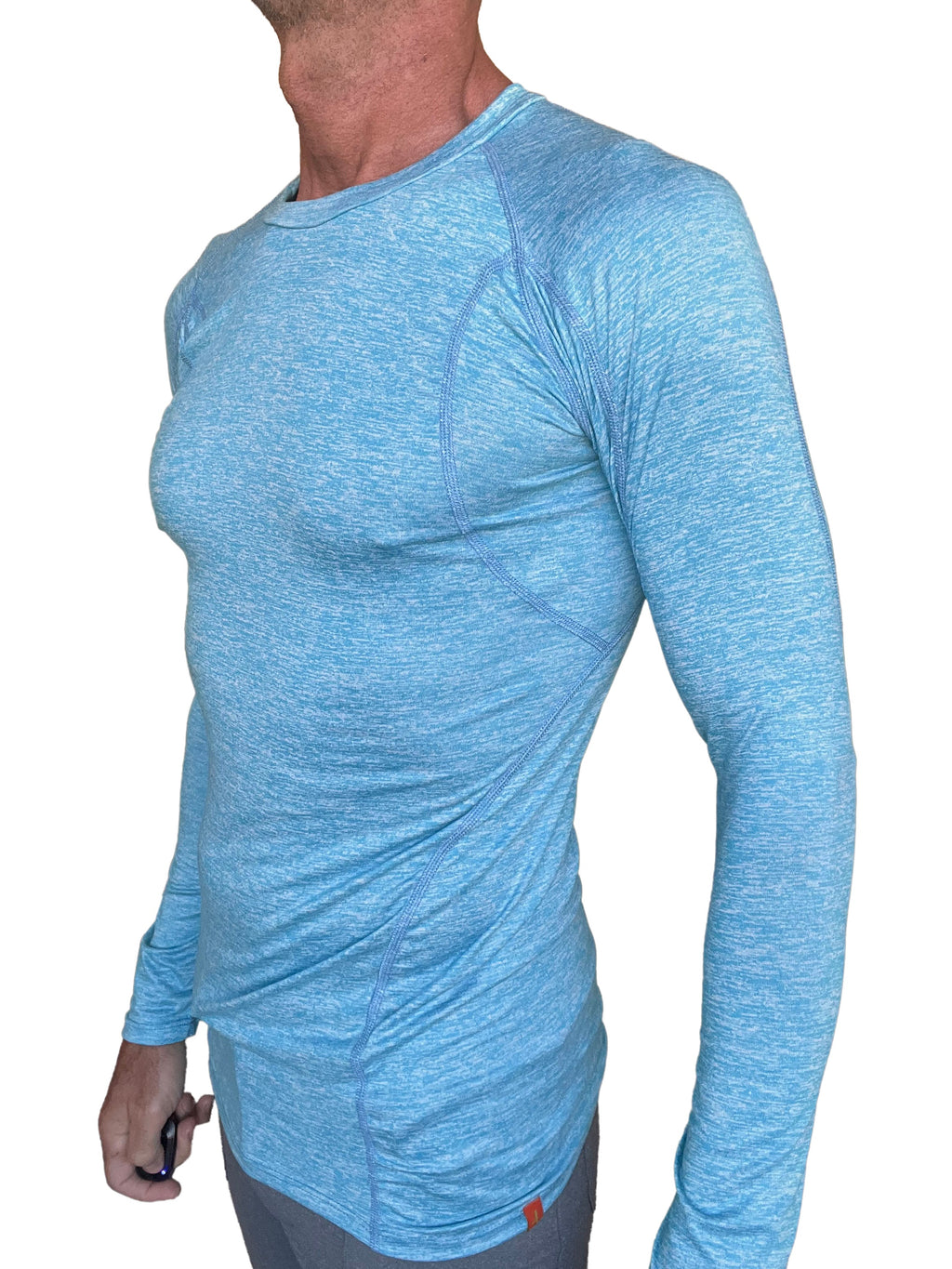 Light blue heathered long sleeve designer raglan crew neck tee with subtle seam detailing for athletic wear