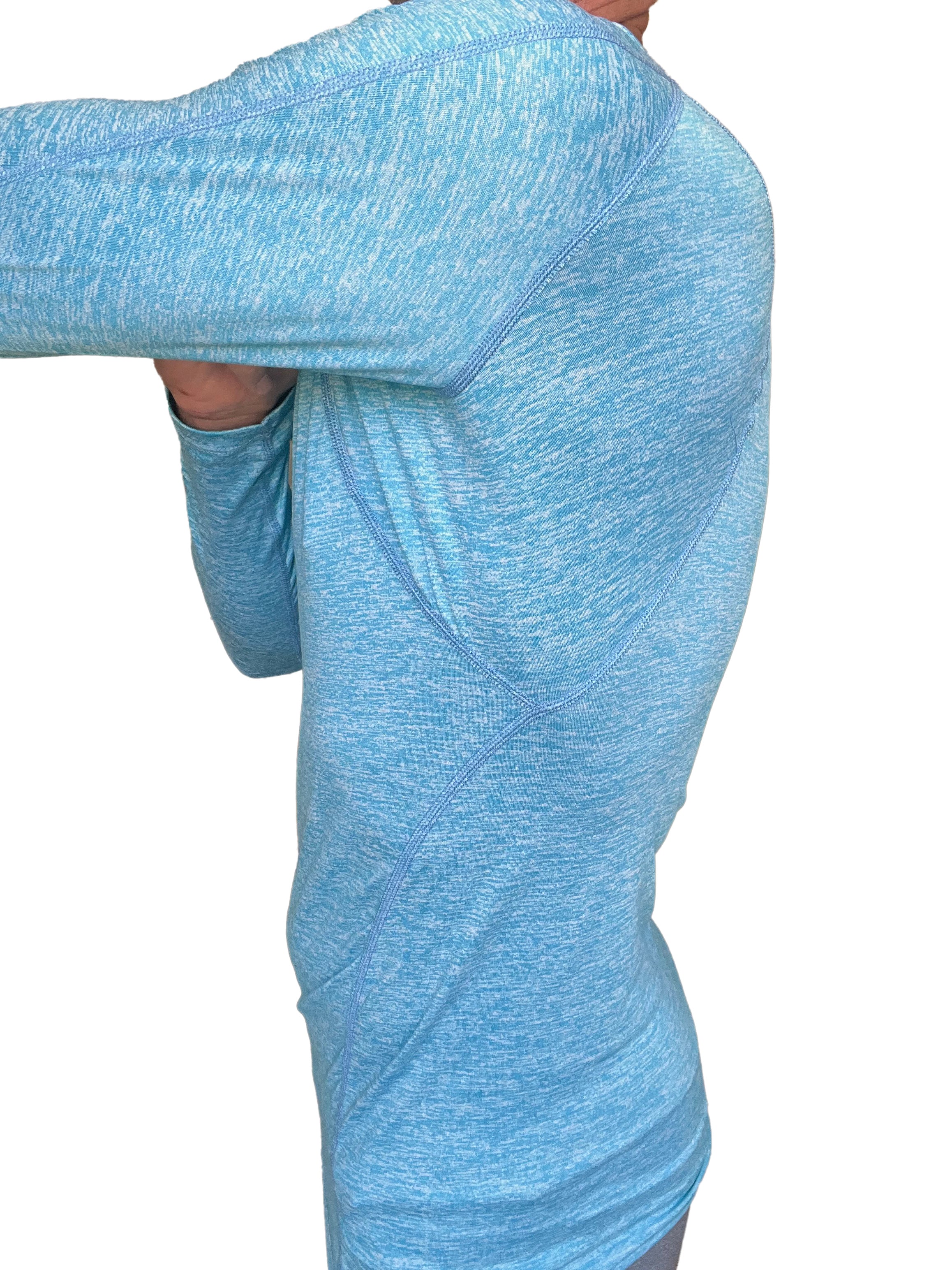 Light blue heathered long sleeve designer raglan crew neck tee with subtle seam detailing for athletic wear