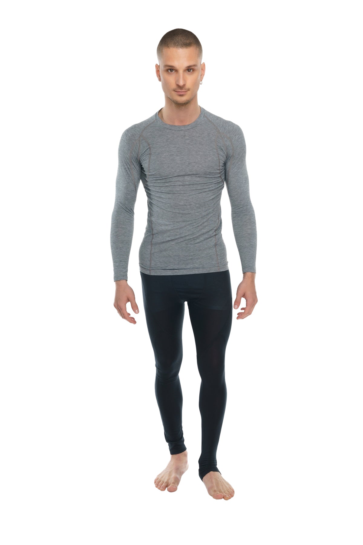 Gray long-sleeved designer raglan crew-neck compression shirt with subtle textured pattern in steel gray color