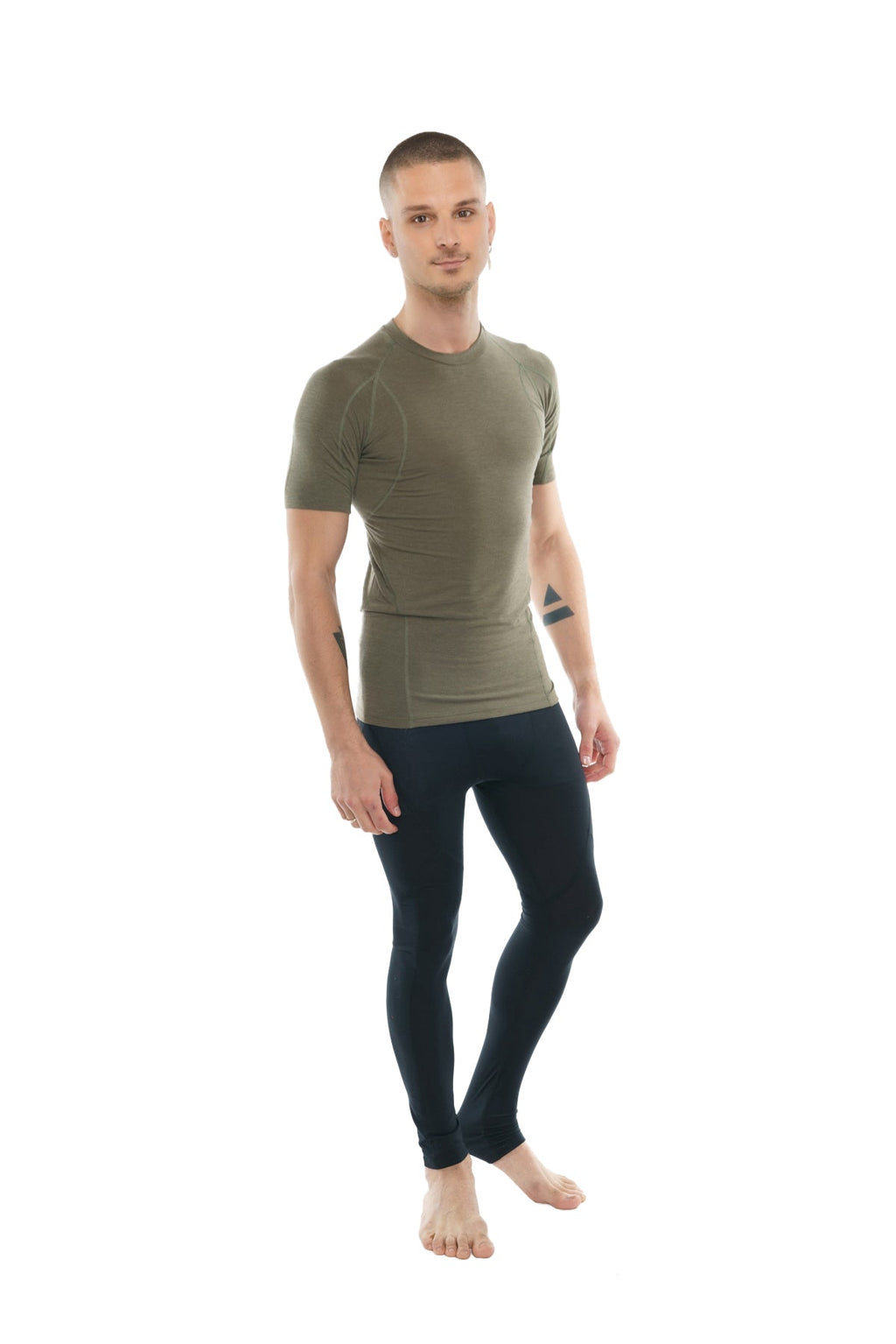 Olive green short-sleeved compression shirt with raglan sleeves and crew neck for activewear use