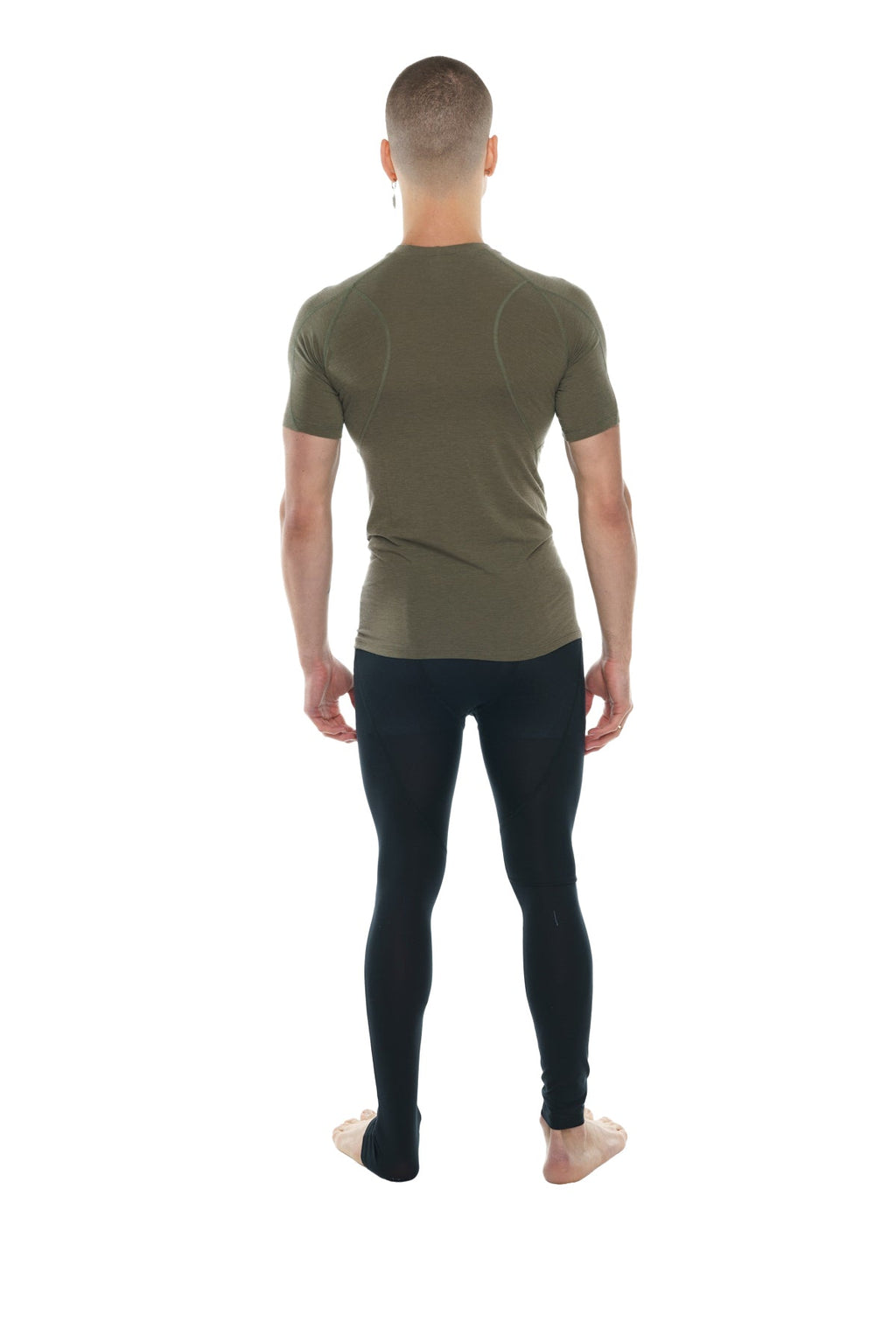 Olive green short-sleeved compression designer raglan crew-neck tee made from breathable fabric for active wear