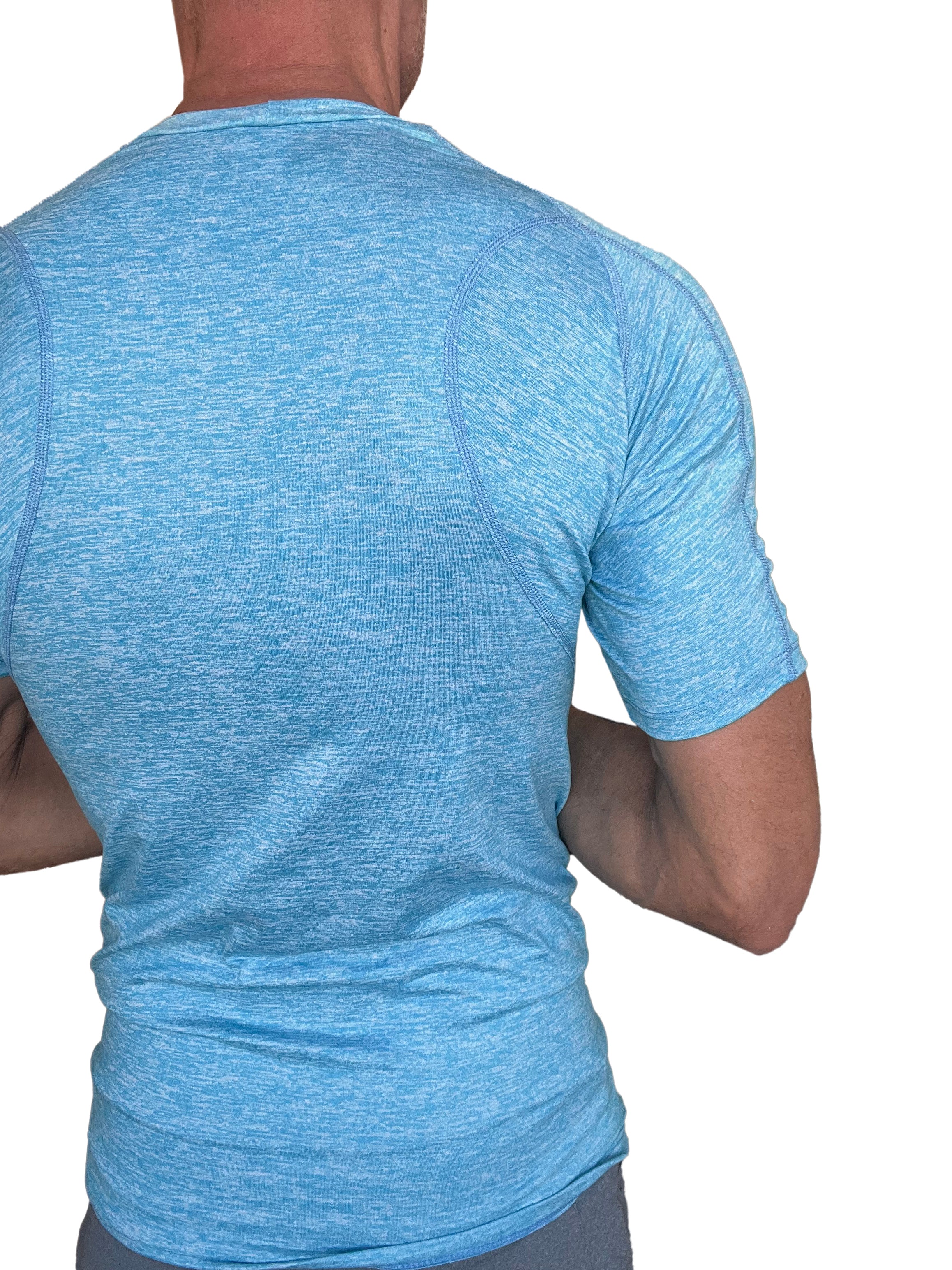 Designer raglan crew neck tee solid coral shelf with fitted light blue heathered short sleeve and ribbed neckline