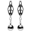 A pair of sleek metallic Deviant Monarch weighted nipple clamps with polished chrome finish and dangling spherical weights