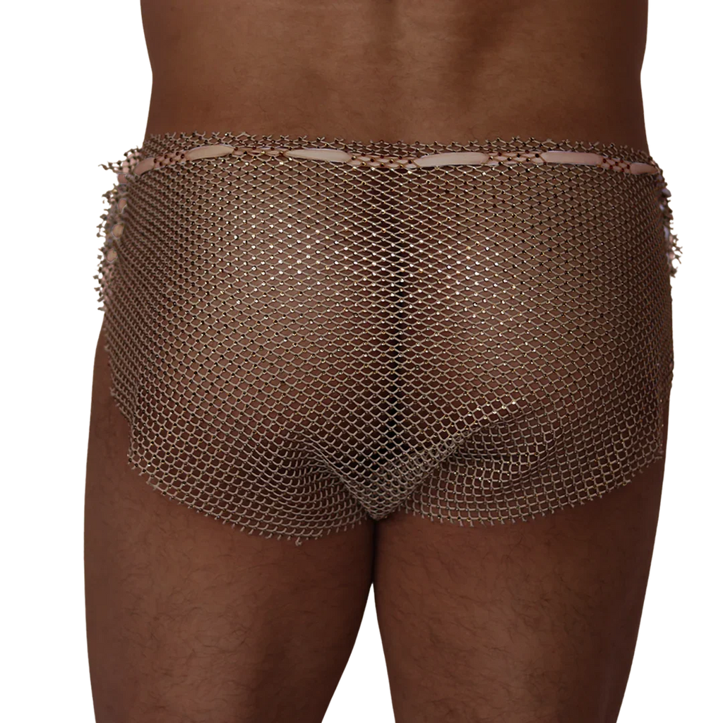 Gigo diamond beige chainmail hot shorts with a ribbon waistband, designed for provocative party or club wear.