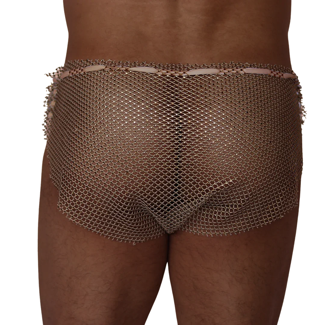 Gigo diamond beige chainmail hot shorts with a ribbon waistband, designed for provocative party or club wear.