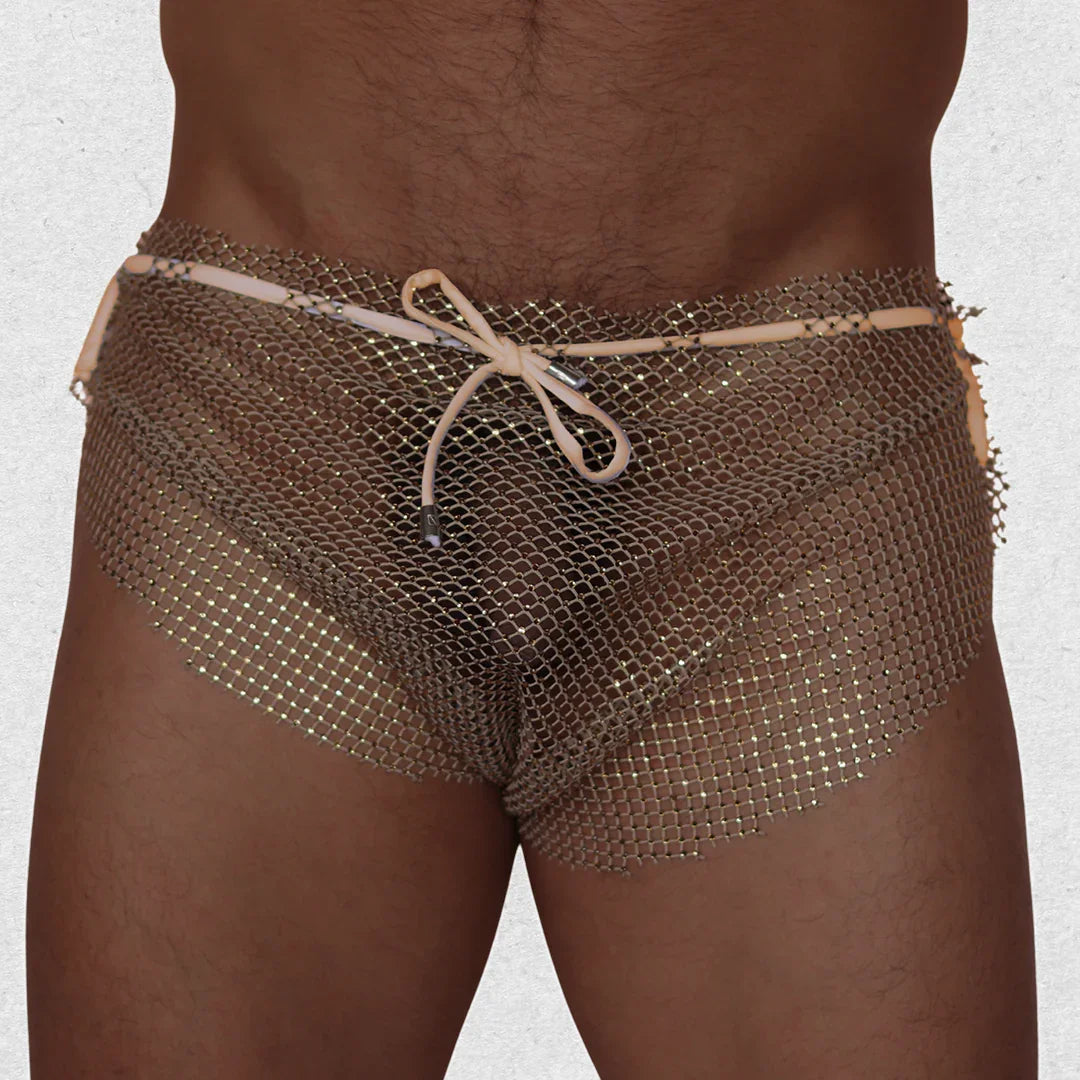 Gigo Diamond beige mesh hot shorts with a drawstring waist, designed as stylish, sheer party or festival swimwear.