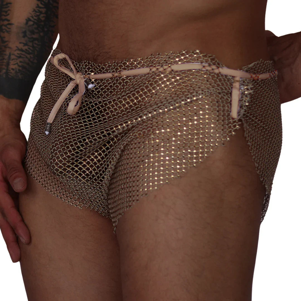 Beige Gigo diamond mesh hot shorts with a drawstring waist, designed for provocative or dancewear use.