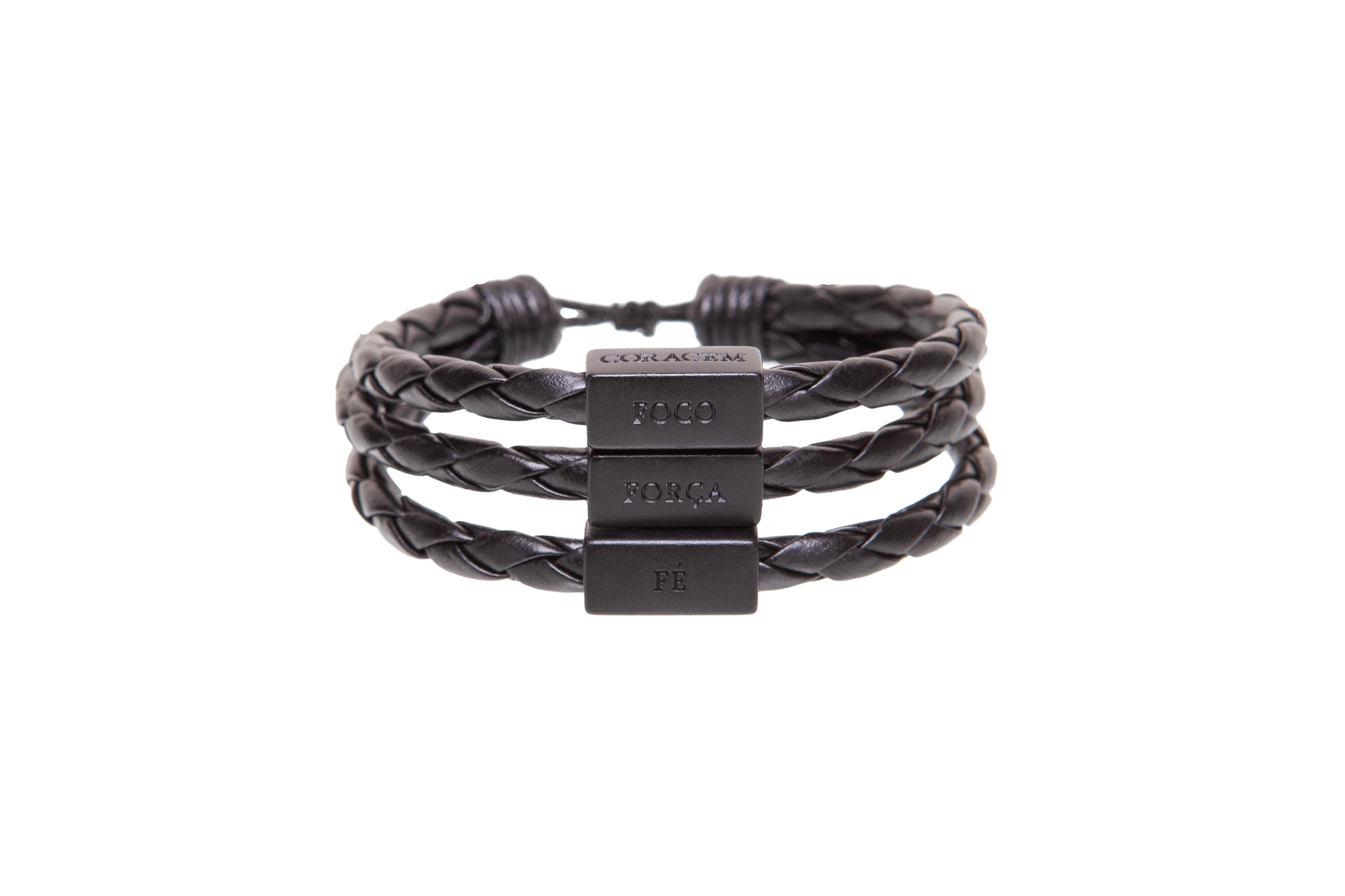 Pulsera de hombre de cuero negro y plata ajustable con palabras de enfoque, fuerza, fe y coraje en portugués - Pulsera unisex para hombre - Joyería masculina - Pedido anticipado