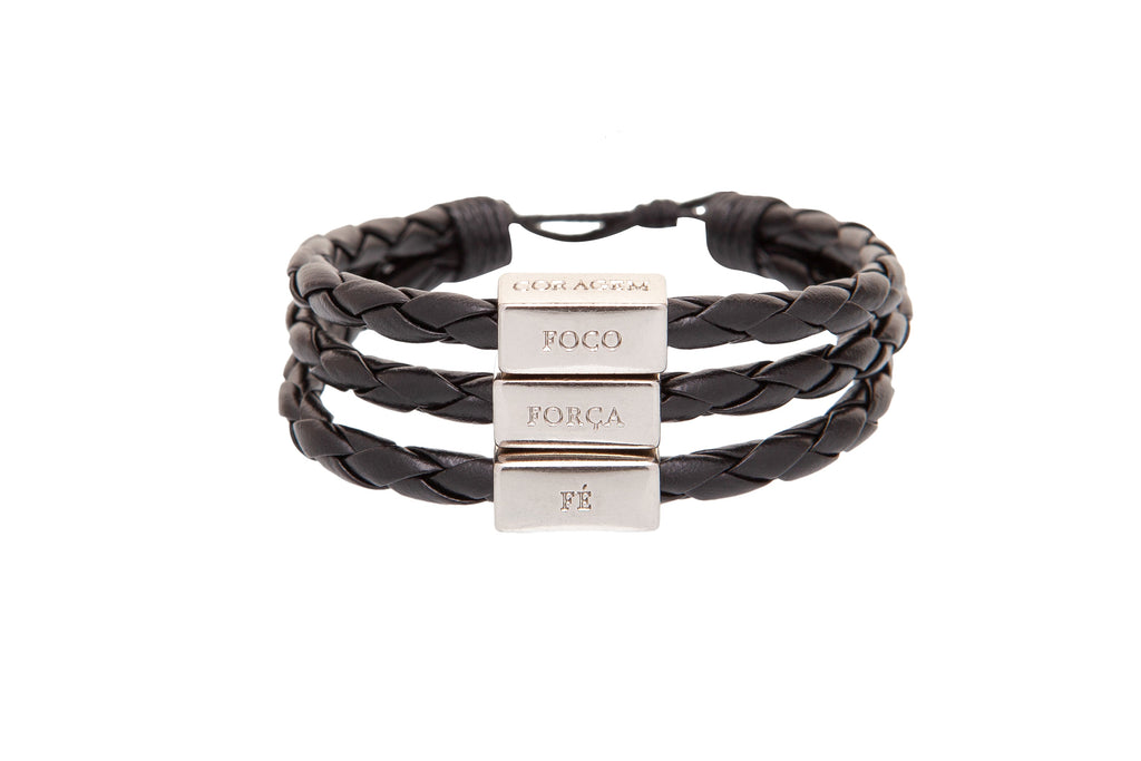 CA-RIO-CA Men's Bracelet Black Leather Silver Adjustable with words of Focus, Strength, Faith, & Courage in Portuguese