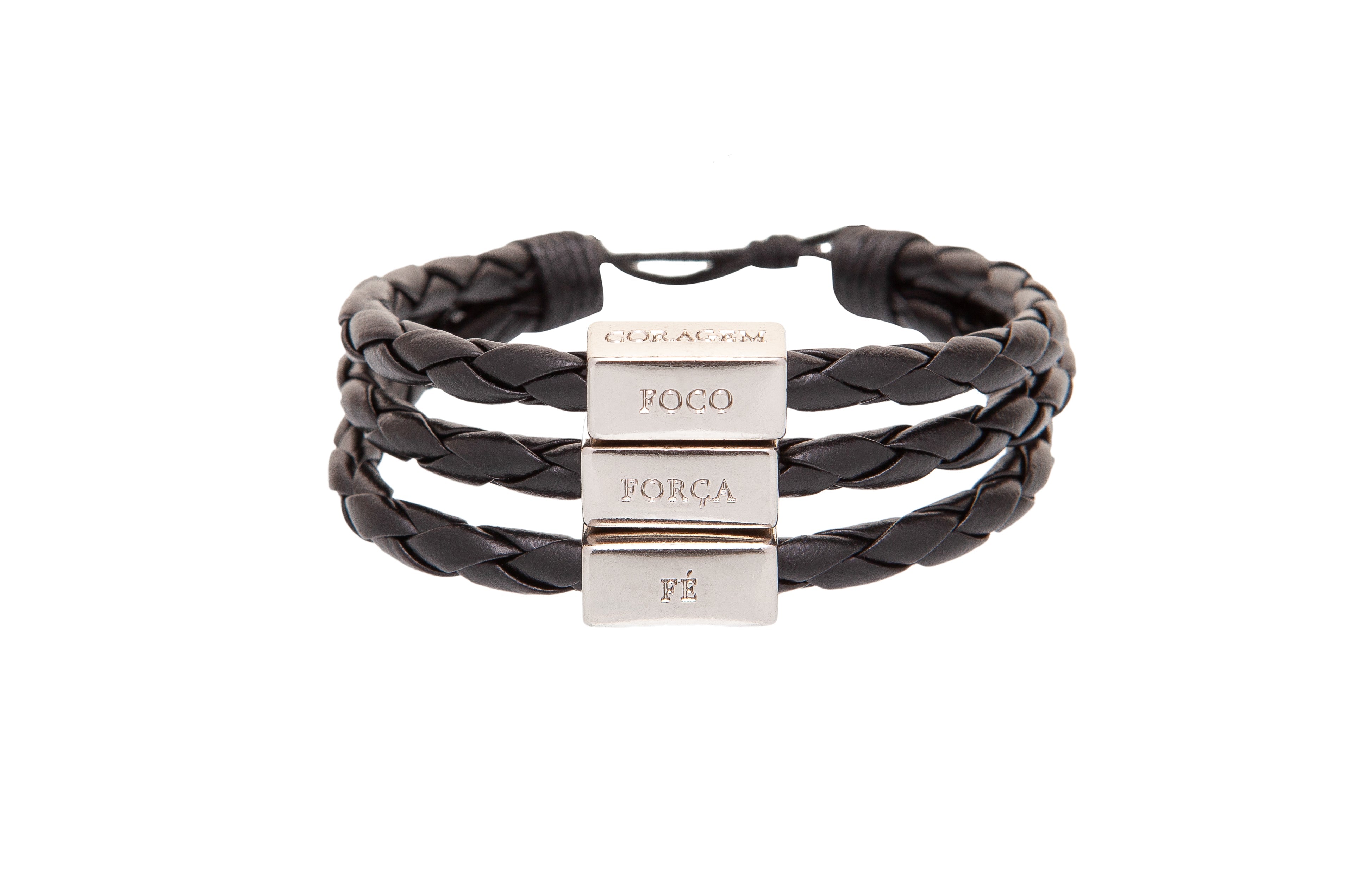 Pulsera de hombre de cuero negro y plata ajustable con palabras de enfoque, fuerza, fe y coraje en portugués - Pulsera unisex para hombre - Joyería masculina - Pedido anticipado