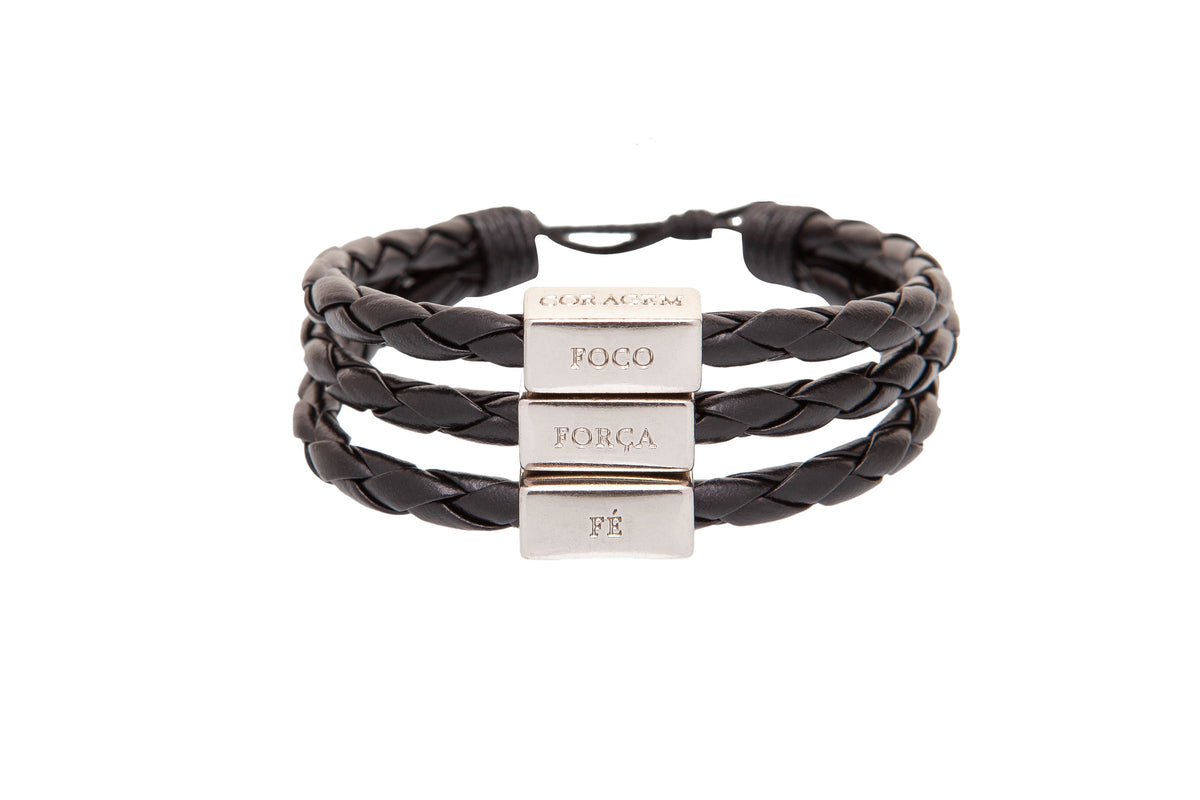 Pulsera CA-RIO-CA de cuero negro plateado ajustable con palabras de enfoque, fuerza, fe y coraje en portugués - Pulsera unisex para hombre - Joyería - Pedido anticipado