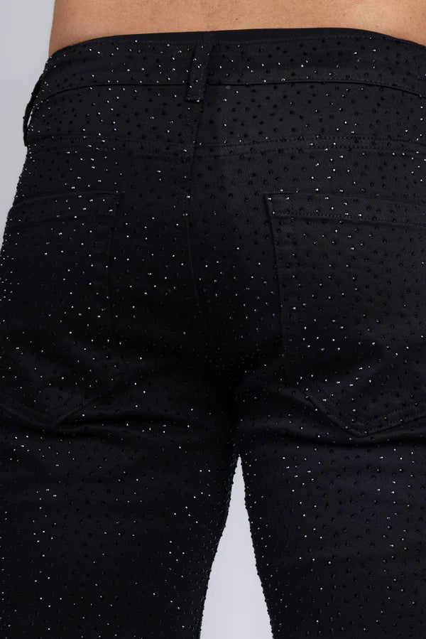 Dolorosa rhinestone jeans in black denim with a subtle glittery dot pattern across the fabric