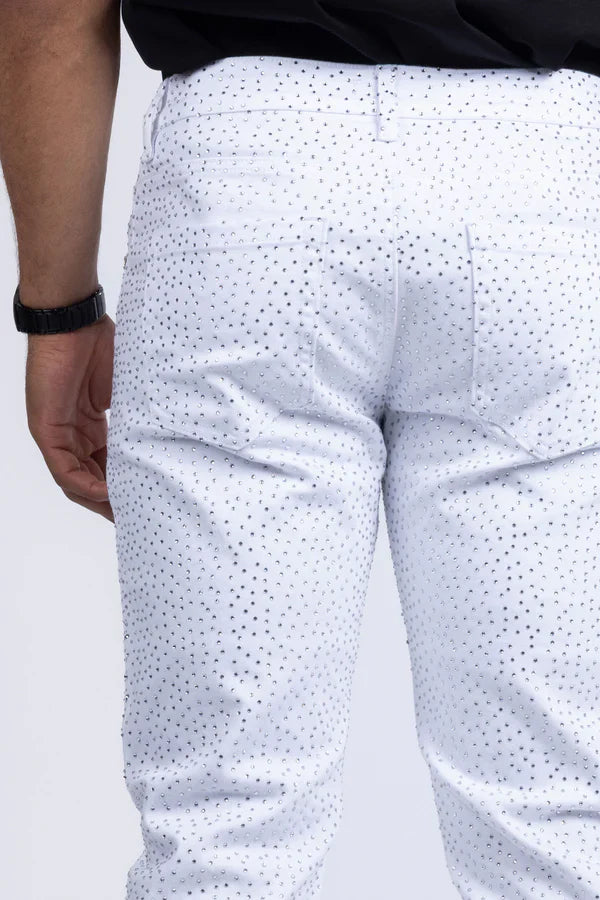 Dolorosa rhinestone jeans white pants with subtle black dot pattern showcasing stylish casual denim wear