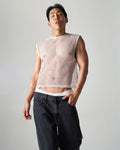 White edge net mesh muscle tank sleeveless top with subtle sheen and fine uniform grid pattern