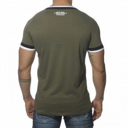 ES Collection Double Binding V Neck Short Sleeved T Shirt Khaki TS103 Size M - DealByEthan.gay loves ES Collection