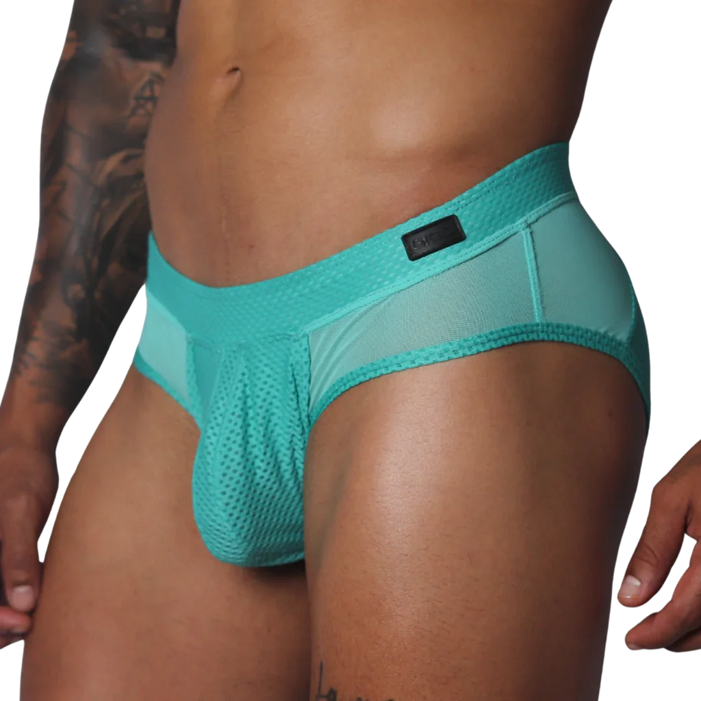 Aqua-colored athletic briefs featuring textured mesh fabric, side panels, and a Gigo branded waist patch.