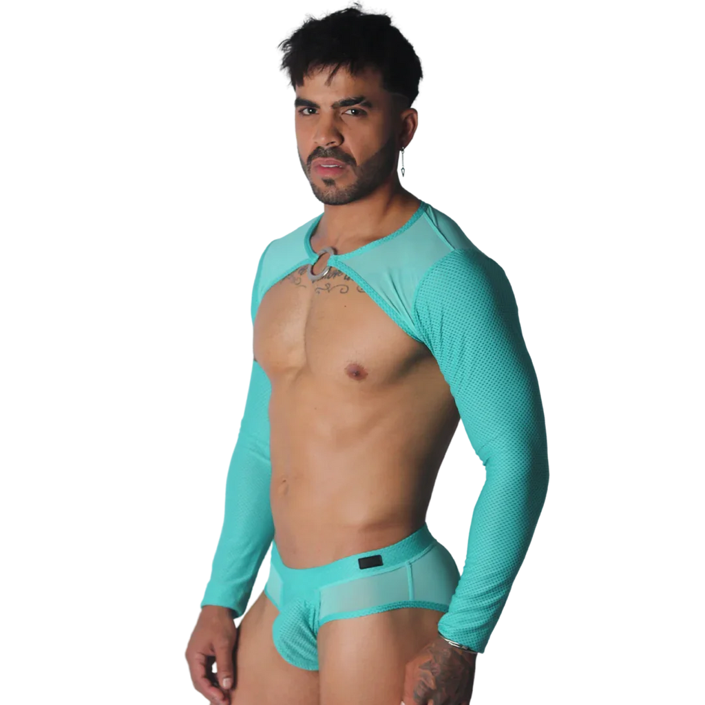 Aqua-colored mesh crop harness with long sleeves, a central metal ring detail, and matching mesh briefs.