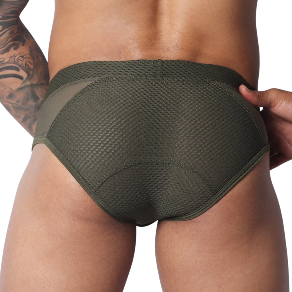 Olive green athletic briefs in textured mesh fabric with smooth side panels and rear contoured stitching.