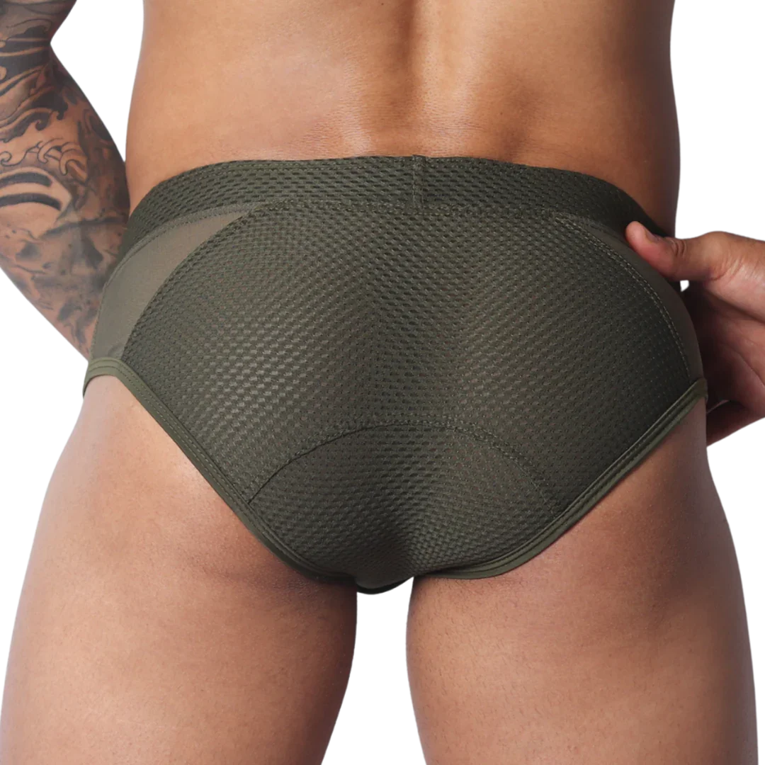 Olive green athletic briefs in textured mesh fabric with smooth side panels and rear contoured stitching.