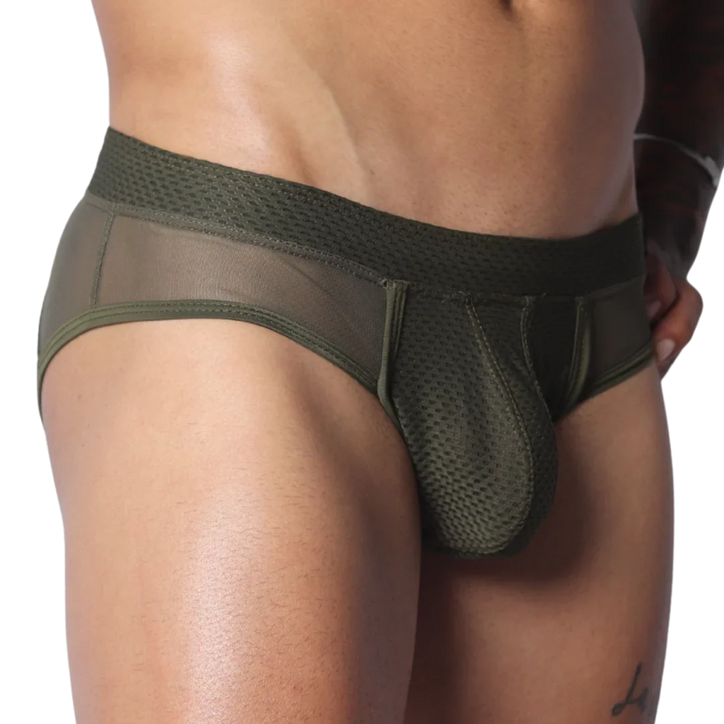 Olive green men's briefs featuring a structured mesh pouch, sheer side panels, and a textured, wide waistband.