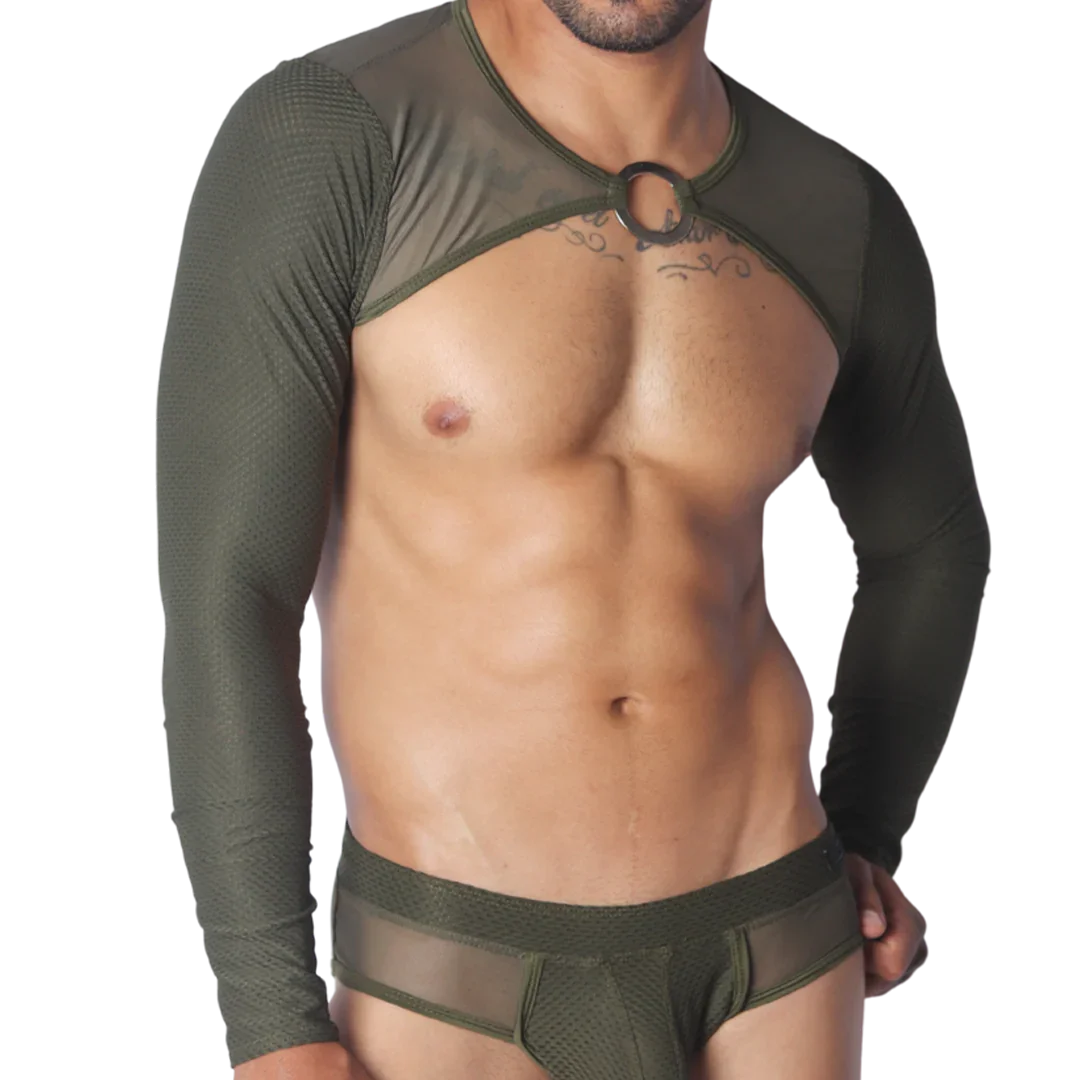 Olive green long-sleeve mesh crop top harness featuring a central O-ring neck detail.