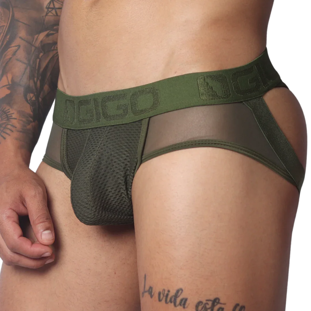 Olive green jockstrap featuring a mesh pouch, sheer side panels, and a branded elastic waistband.