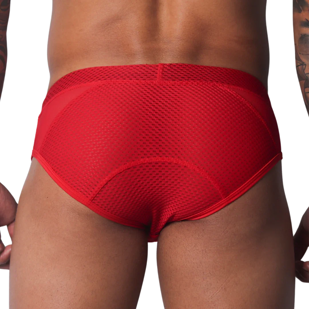 Bright red athletic-style brief with a breathable mesh back panel and solid fabric waistband and side details.