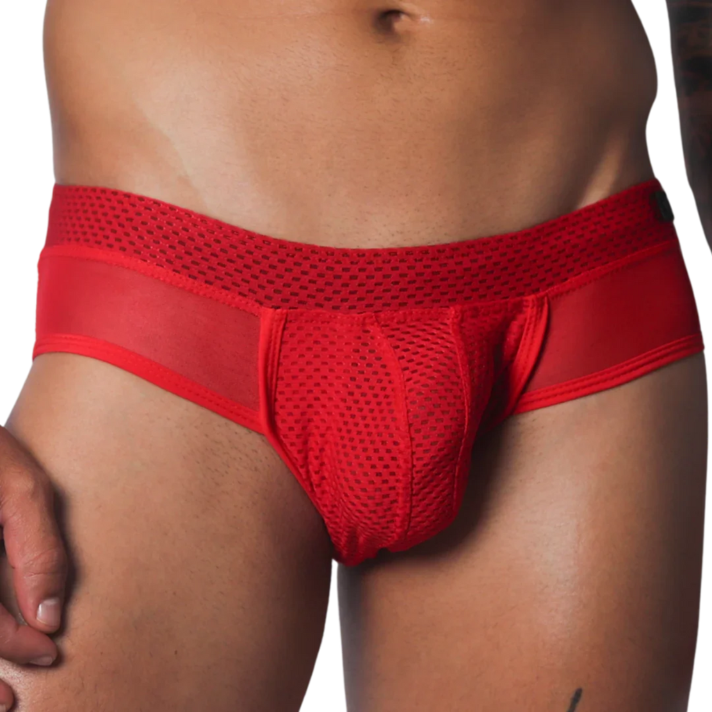 Vibrant red men's low-rise brief featuring sheer mesh panels and a textured mesh pouch for a breathable, athletic fit.