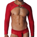 Red long-sleeve crop harness in textured mesh fabric, featuring a central silver O-ring neck accent.