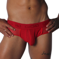 Red mesh jockstrap with a branded elastic waistband, featuring sheer side panels and a supportive contour pouch.