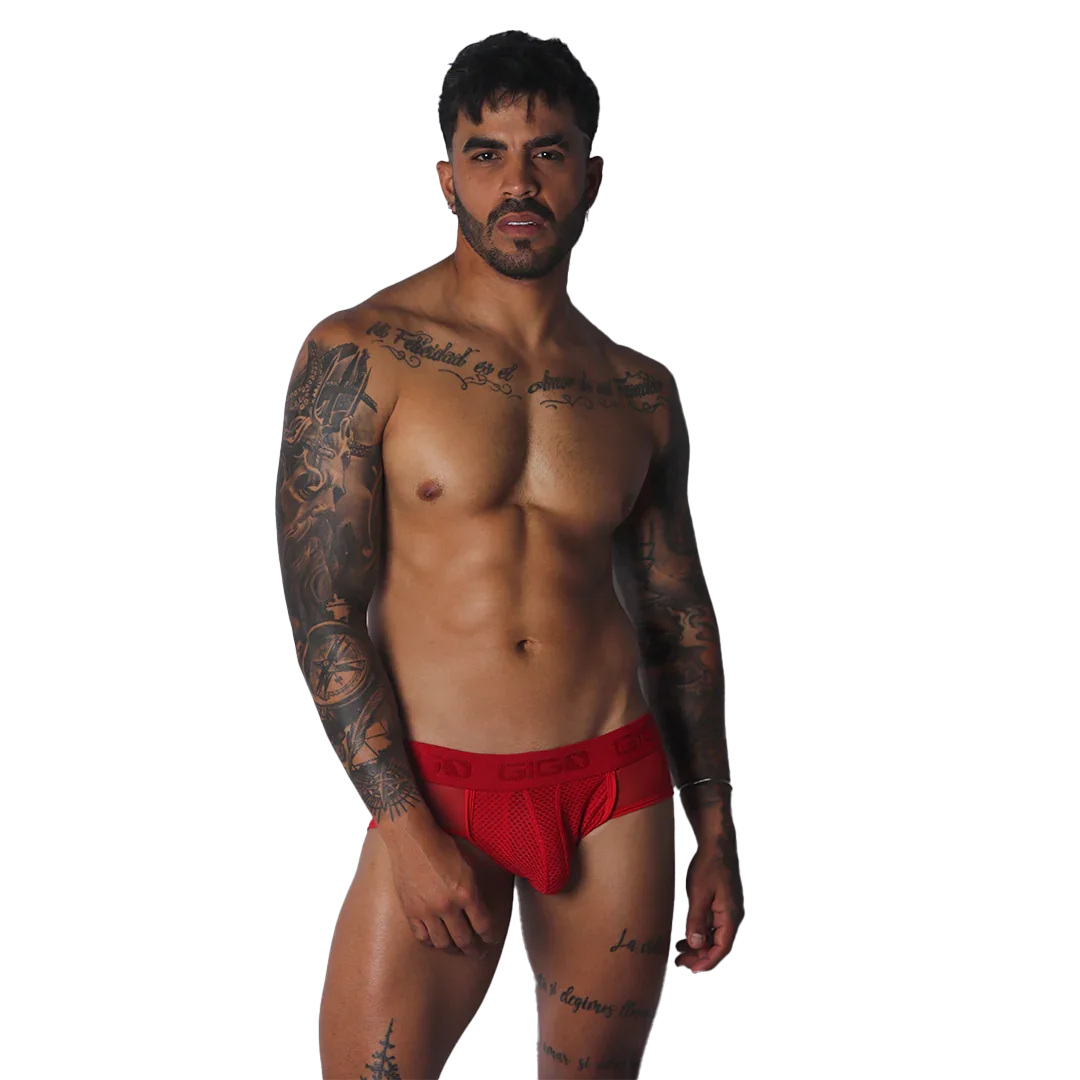 Bright red athletic jock-thong with a mesh pouch and a wide, logo-branded elastic waistband.