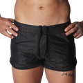 Black athletic mesh shorts with a drawstring waistband and side pockets.