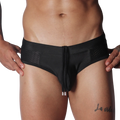 Black low-rise swim brief with side mesh panels and a center drawstring featuring metal-tipped aglets.