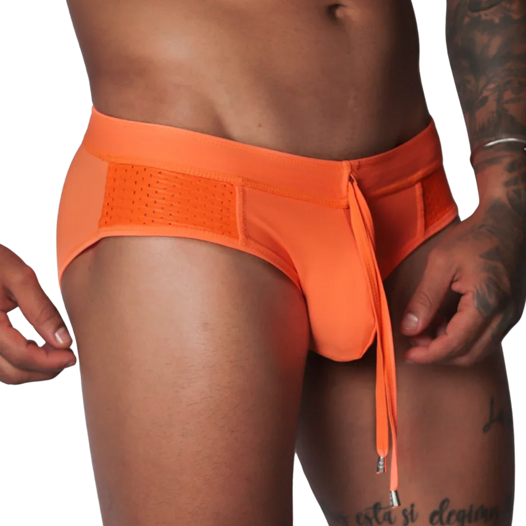 Bright orange swim brief with mesh side panels, an elastic waistband, and a decorative front drawstring tie.