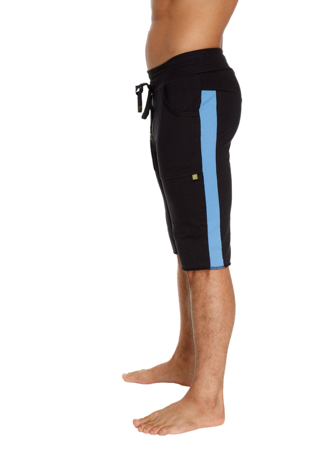 Black eco-track short with light blue side stripe and small yellow logo designed for athletic use
