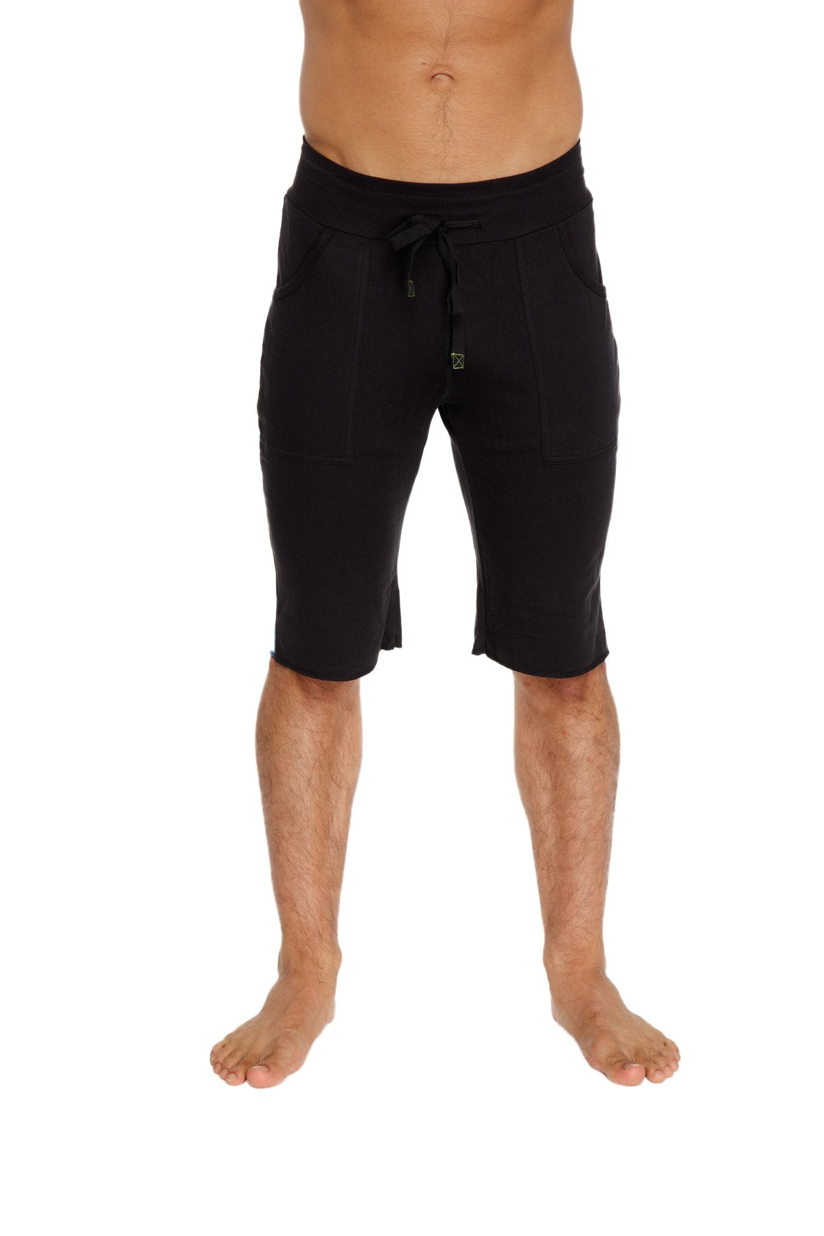 Black eco-track drawstring shorts with sleek modern design and subtle front branding ideal for activewear