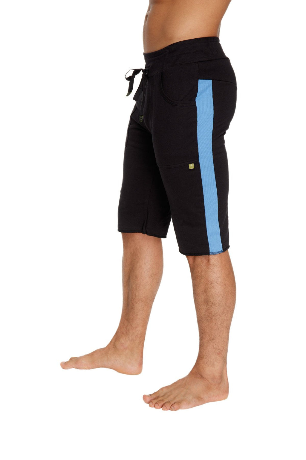 Eco-track short black with ice features lightweight athletic shorts with a light blue side stripe and elastic waistband