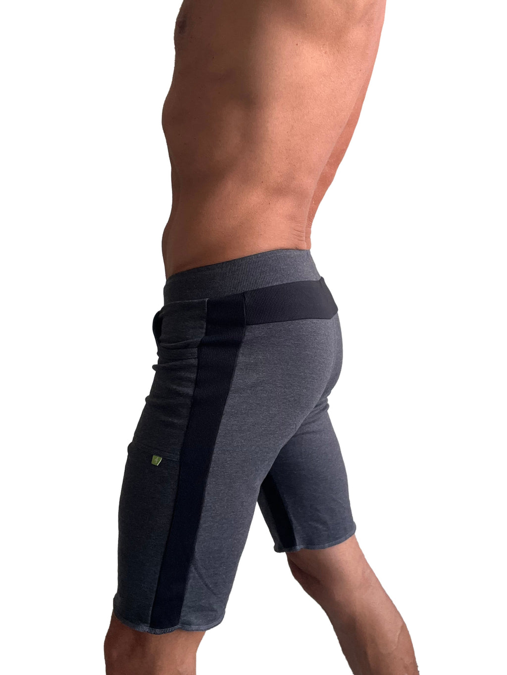 Eco-track short charcoal with black dark gray athletic shorts with black vertical stripe and matching elastic waistband
