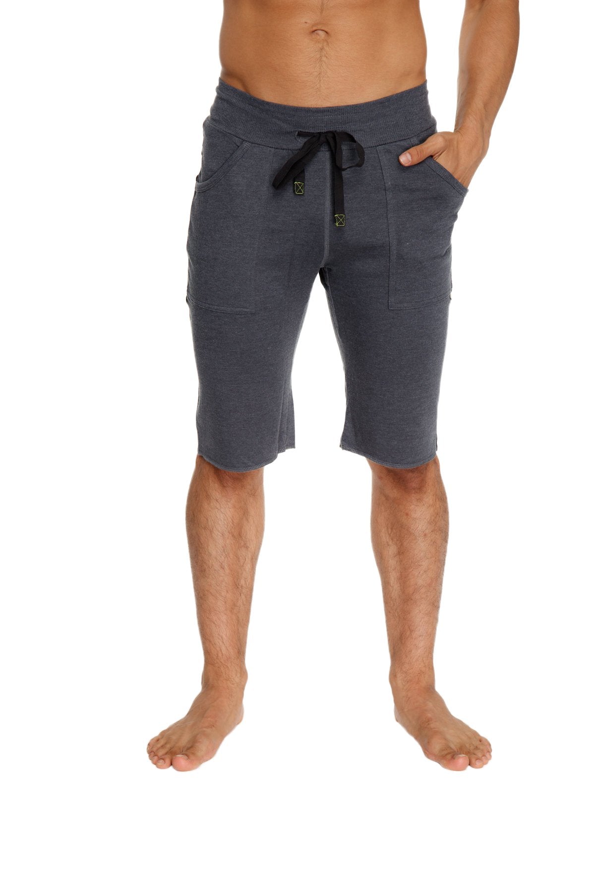 Eco-track short charcoal with black featuring dark gray soft-textured fabric drawstring waistband and two front pockets