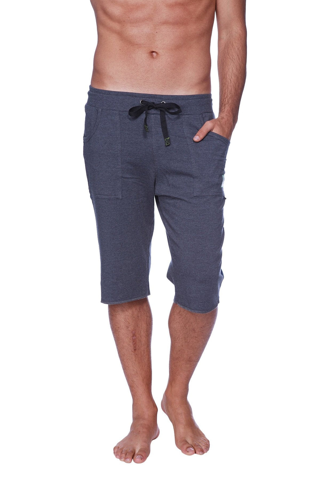 Eco-track short charcoal with black made of dark gray heathered fabric with black drawstring waistband and side pockets
