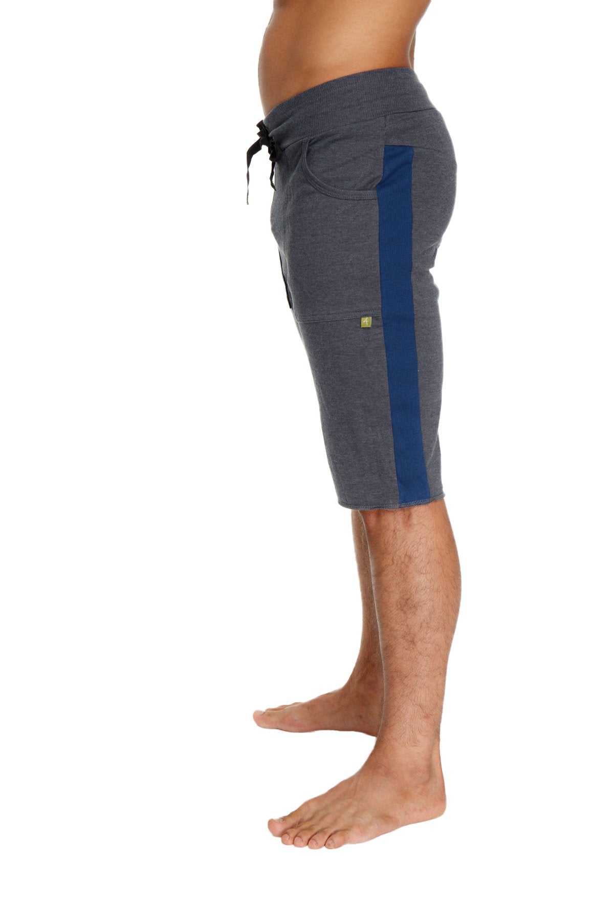 Eco-track short charcoal with royal blue features gray heathered fabric drawstring waistband and bold navy stripe