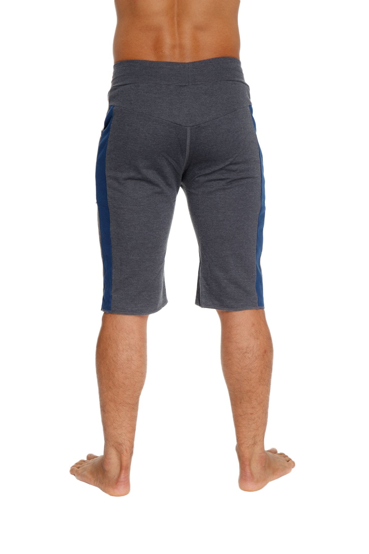 Gray eco-track athletic shorts with royal blue side stripes made from sustainable fabric for active wear